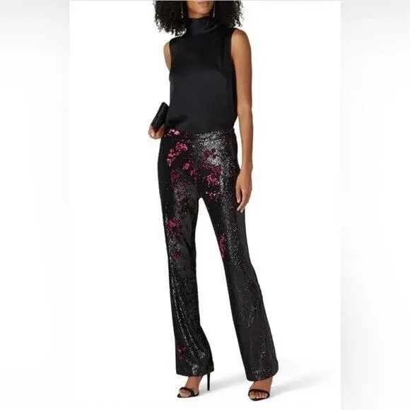 Badgley Mischka Plum Pink black Sequin party Pants Size 2 straight 80's disco - Picture 2 of 6